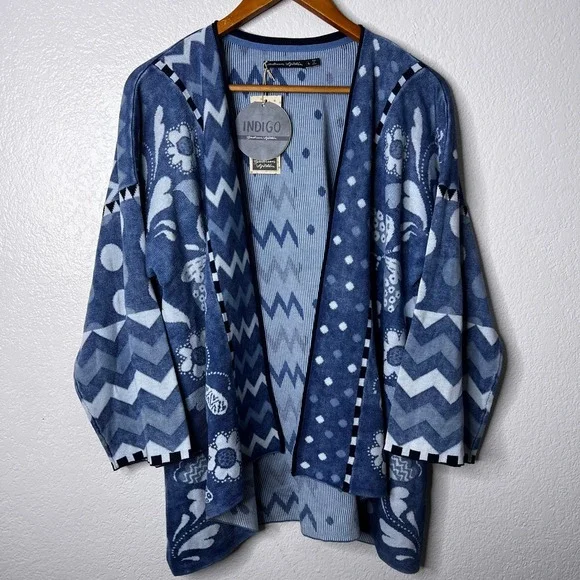 Gudrun Sjoden Indigo Dragonfly Organic Cotton Cardigan Blue Patterned Large NWT - Picture 2 of 9
